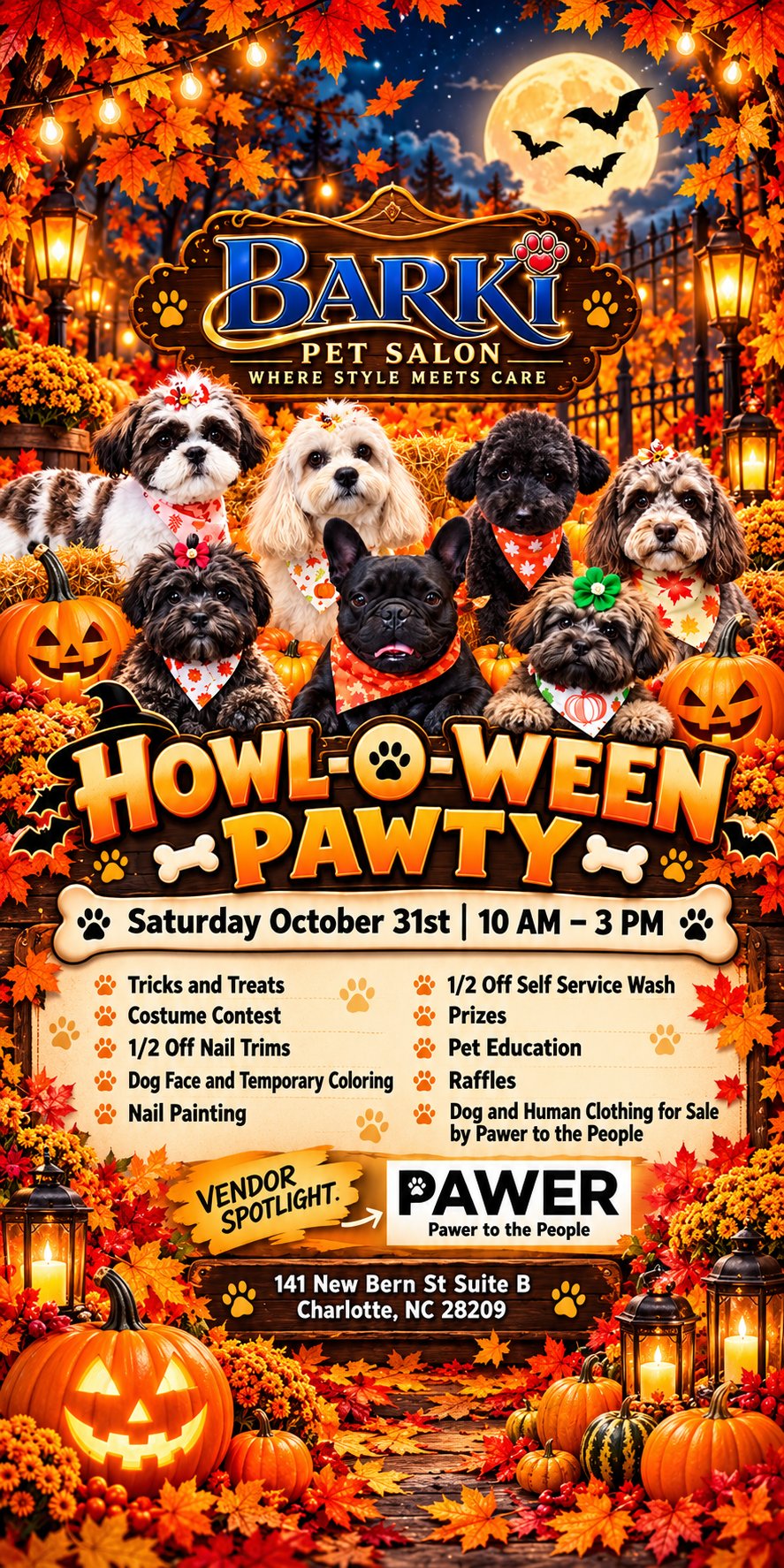 Barki Howl-O-Ween Pawty, Saturday October 31st, 10 AM to 3 PM at 141 New Bern St Suite B, Charlotte: tricks and treats, costume contest, half-off nail trims and self-service wash, prizes, raffles, and more